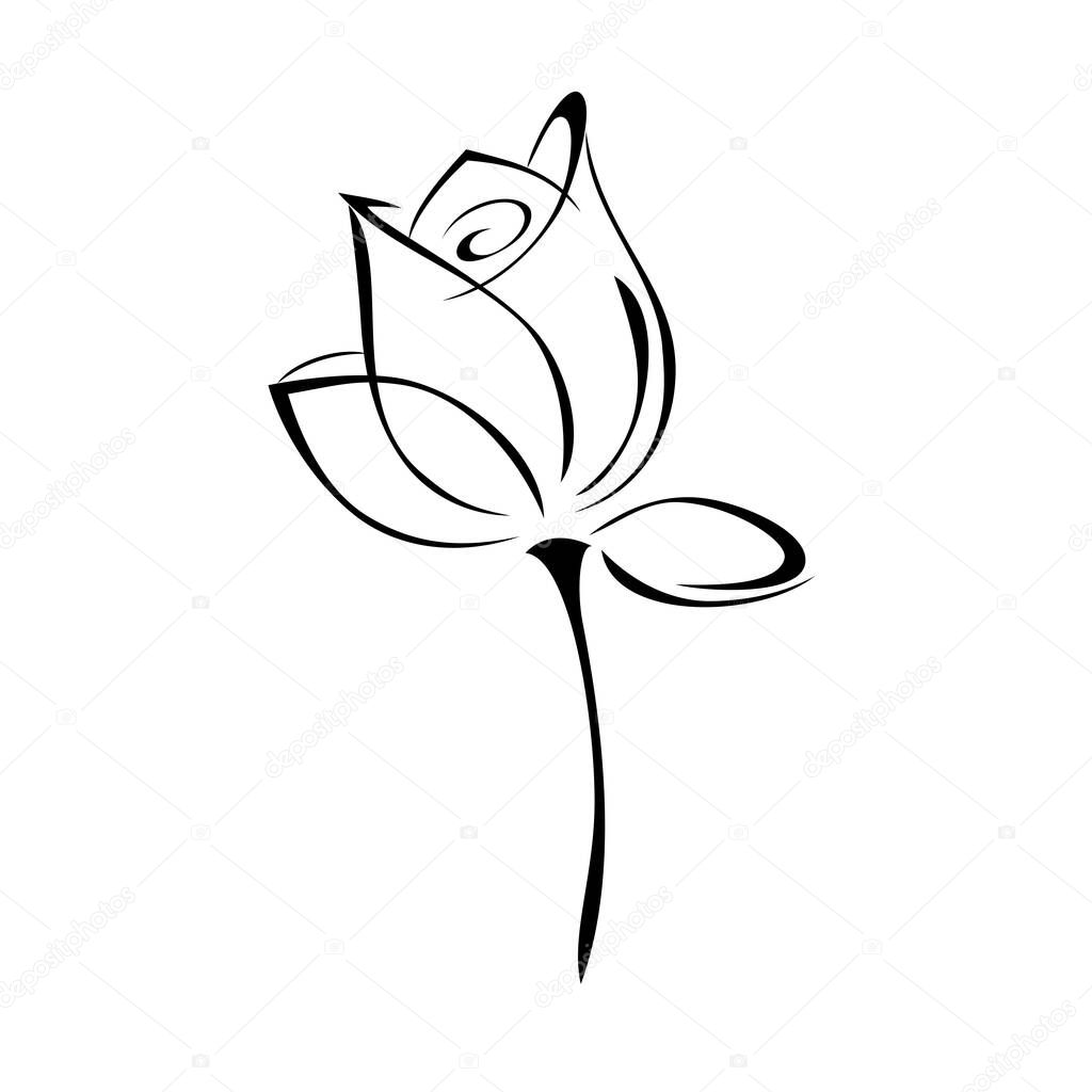 one stylized rose flower bud on a short stalk in black lines on a white background