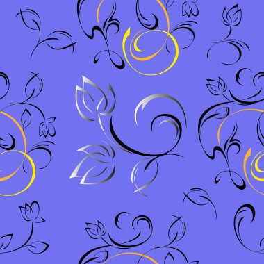 Biçimlendirilmiş çiçekleri ve mavi arkaplanda yaprakları olan kusursuz desen