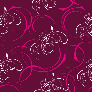 Beyaz süslemeli kusursuz desen ve bordo bir arka planda pembe bukleler.