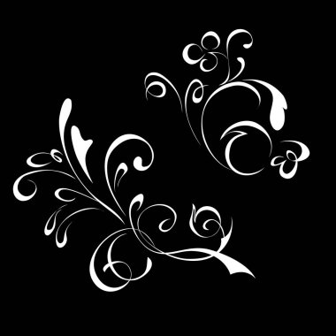 Siyah bir zemin üzerinde beyaz çizgilerle iki elementin soyut çiçek süslemesi