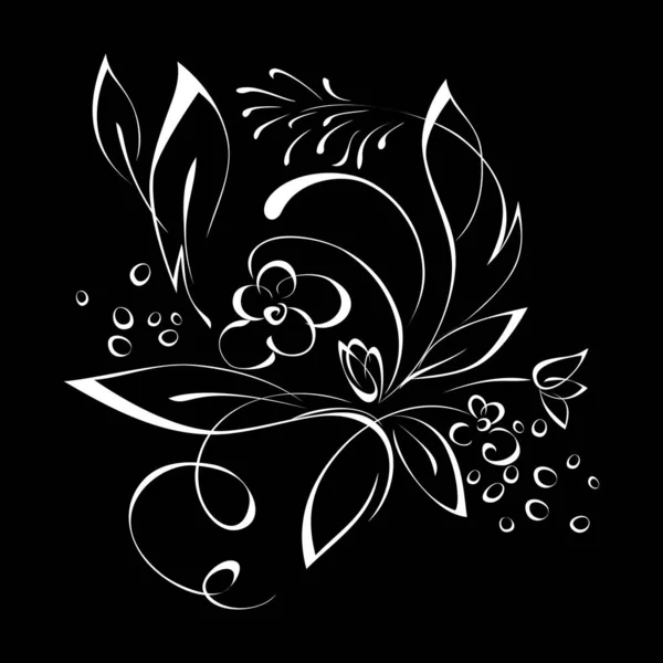 stylized flower with small buds and leaves in white lines on black background