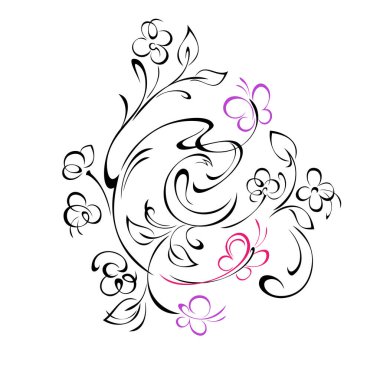 decorative element with stylized small flowers, leaves, curls and butterflies on a white background