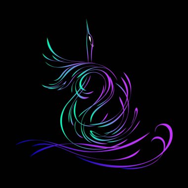 Siyah bir arka planda renkli çizgiler içinde zarif kuğu suyun üzerinde yüzer.