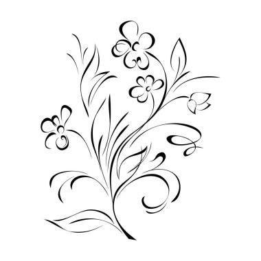 Beyaz arkaplanda siyah çizgiler halinde çiçek, yaprak ve kıvrımlı stilize dal