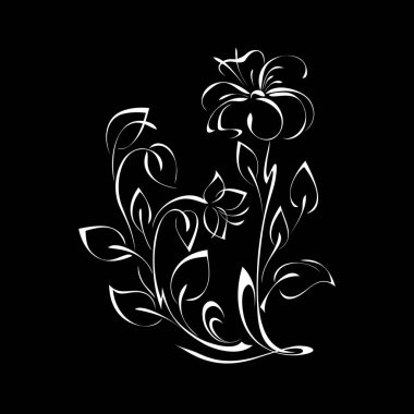 Şekil verilmiş çiçekleri olan dekoratif element siyah arkaplanda beyaz çizgilerle sunuluyor.
