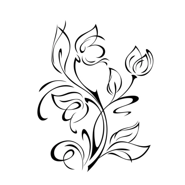 白い背景に黒い線で葉とカールを持つ湾曲した茎に3つの花芽 — ストックベクタ