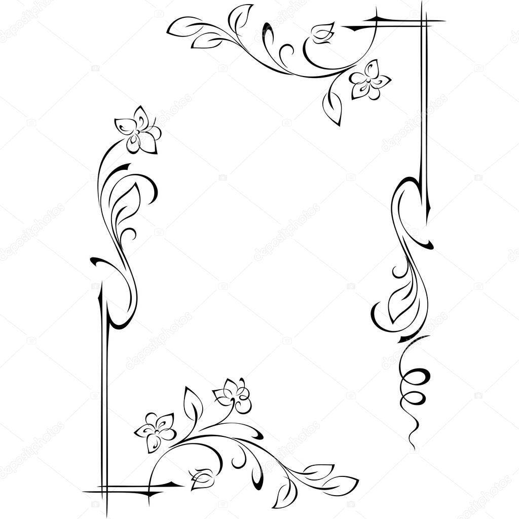 decorative rectangular frame with stylized flowers on stems with leaves and vignettes