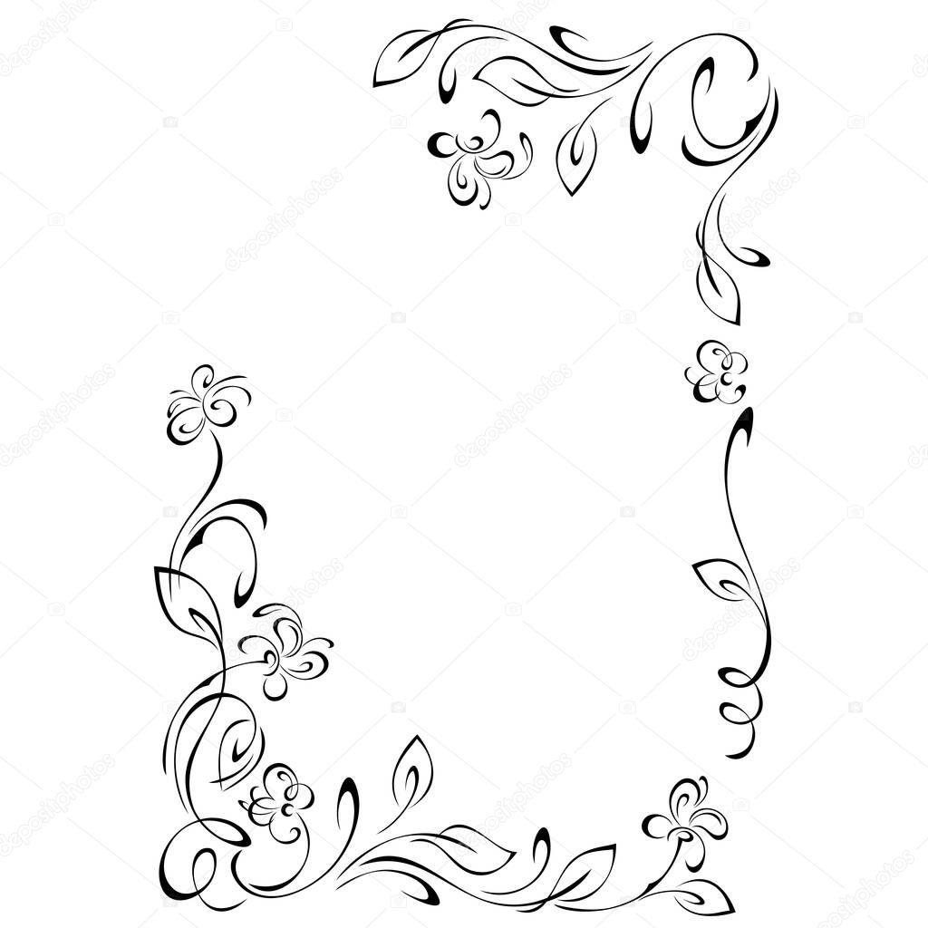 unique decorative frame with stylized flowers on stems with leaflets and curls in black lines on a white background