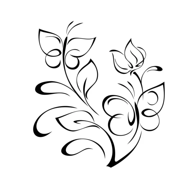 Zwei Stilisierte Schmetterlinge Auf Einem Zweig Mit Einer Blütenknospe Mit — Stockvektor