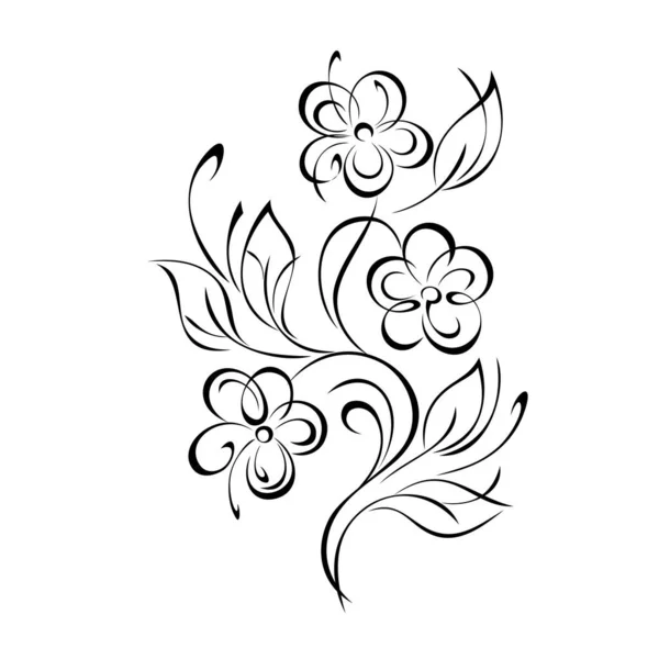 Веточка Цветущими Цветами Листьями Кудрями Графический Декор — стоковый вектор
