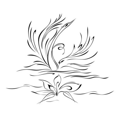 Zarif kuğu bir nilüfer çiçeğinin üzerinde kanatlarını çırpar. Beyaz arkaplanda siyah çizgilerle grafik çizimi.