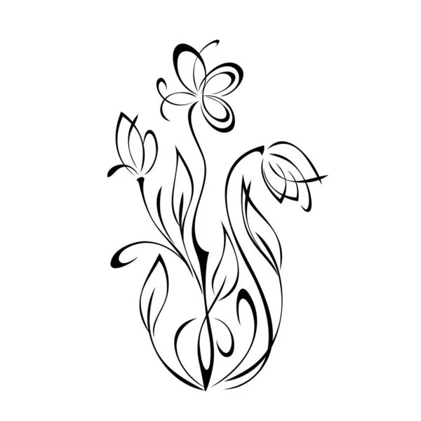 Rameau Décoratif Avec Fleurs Stylisées Feuilles Boucles Décor Graphique — Image vectorielle