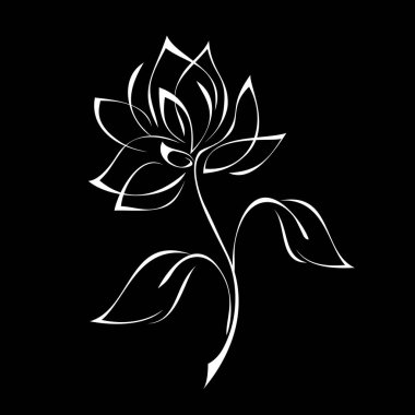 one unique stylized flower on a stem with two leaves in white lines on a black background