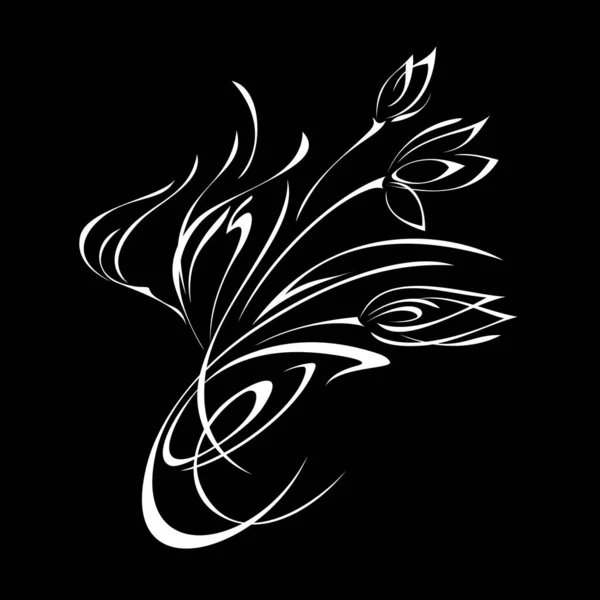 Букет Трех Стилизованных Цветов Стеблях Листьями Завитками Белых Линиях Черном — стоковый вектор