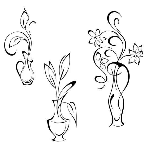 Stylizovaná Váza Květinami Listy Grafický Dekor Sada — Stockový vektor