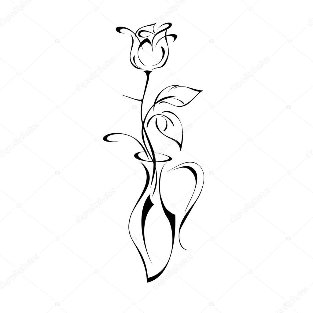 stylized vase with one rosebud on a stem with leaves and one thorn. graphic decor