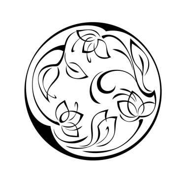 Yapraklar ve buklelerle süslenmiş çiçekli yuvarlak bir süs. grafik dekor