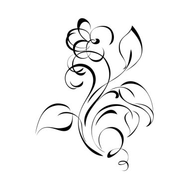 Yaprakları ve bukleleri olan kavisli bir sapta stilize bir çiçekle dekoratif bir element. grafik dekor