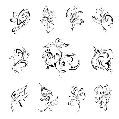 Beyaz arka planda siyah çizgilerde soyut dekoratif unsurlar. Ayarla