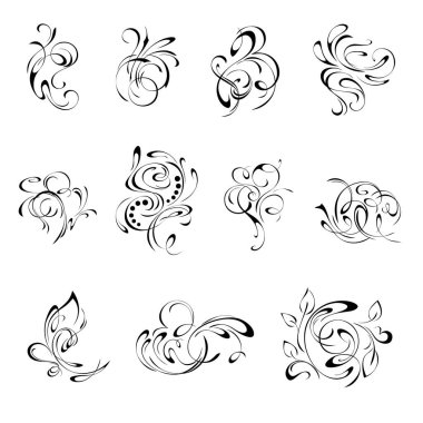 Beyaz zemin üzerinde siyah çizgilerle soyut dekoratif öğeler. koleksiyon