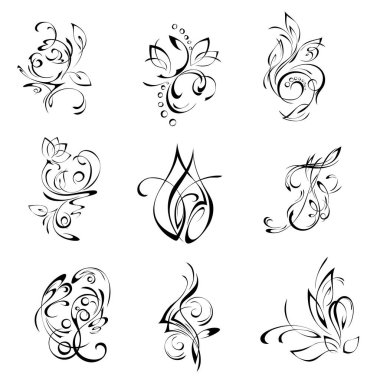 Beyaz arka planda siyah çizgilerde soyut dekoratif unsurlar. Ayarla