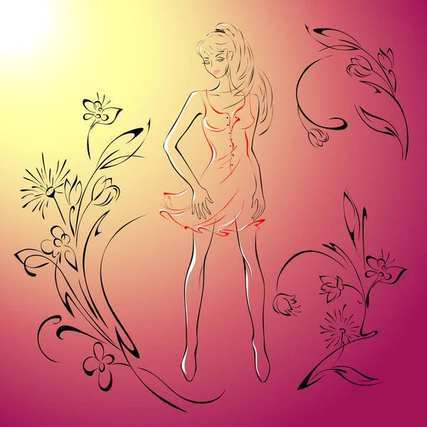 Chica Con Pelo Largo Vestido Corto Encuentra Entre Las Flores — Vector de stock