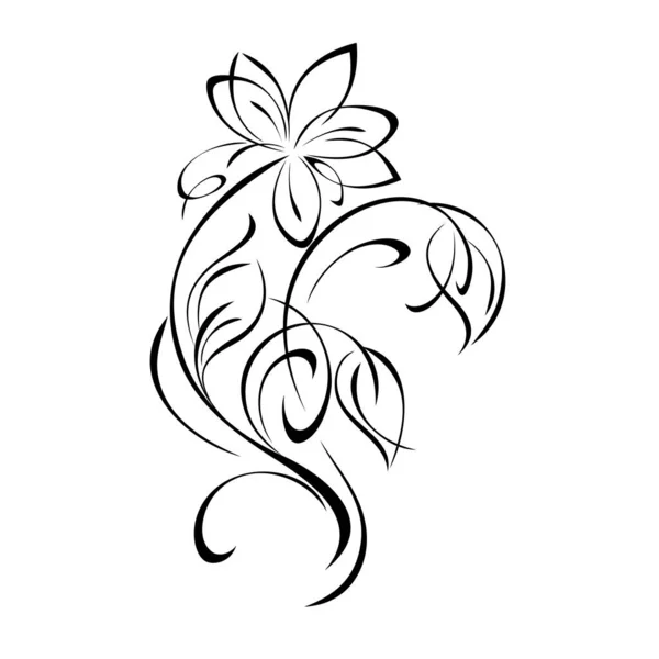 Decorative Blossoming Flower Curved Stem Leaves Curls Black Lines White — Stock Vector