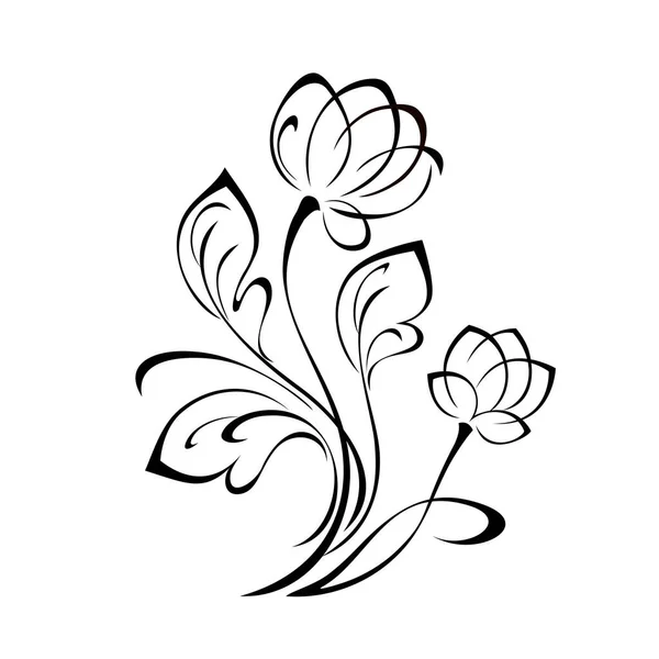 Två Stiliserade Blommor Med Stora Kronblad Stjälkar Med Blad Grafisk — Stock vektor