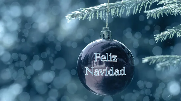 Dovolená Pozdravy Španělštině Znamená Veselé Vánoce Rozmazané Koule Odrazem Zdobí — Stock fotografie
