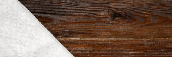 Textile Background White Tableclothon Wooden Background Brown Wooden Table Selective — Stock Photo, Image