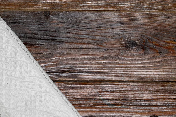 Textile Background White Tableclothon Wooden Background Brown Wooden Table Selective — Stock Photo, Image