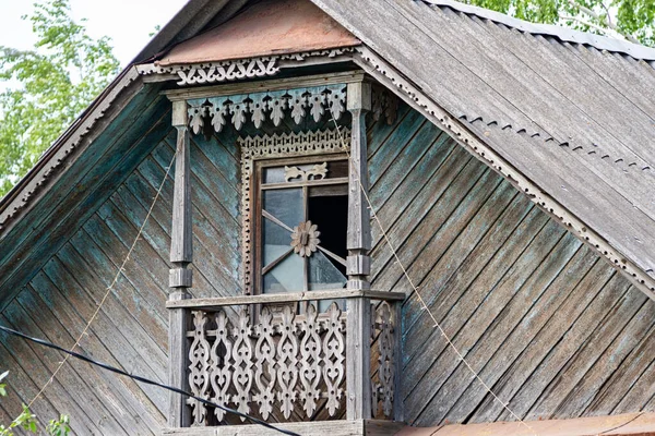 Decoração Madeira Esculpida Casa Velha Platbands Madeira Rússia Região Moscou — Fotografia de Stock