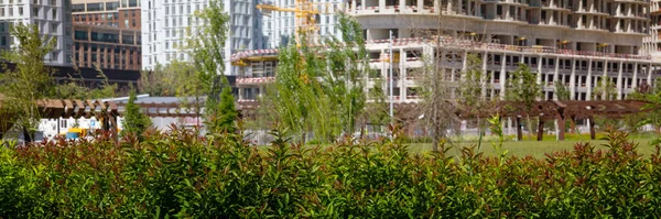 緑の葉を背景に建設中の住宅街の緑のエリア — ストック写真