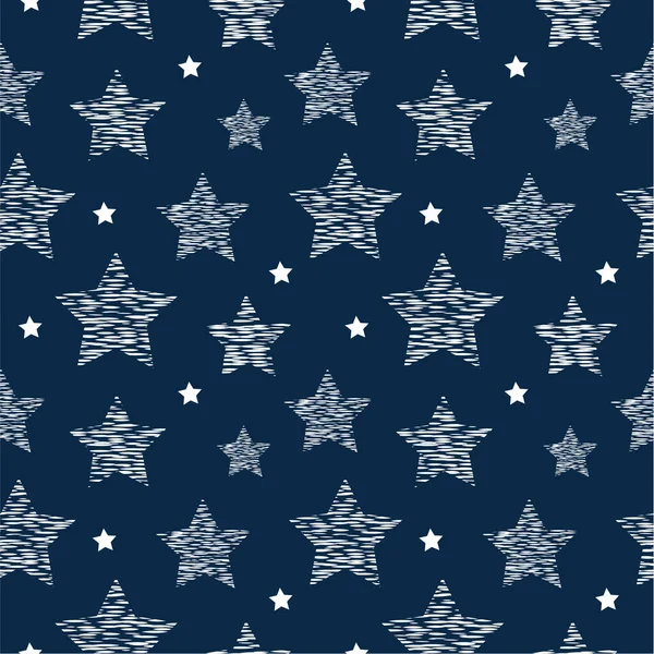 Patrón sin costuras: estrellas blancas con líneas sobre un fondo azul. vector plano. ilustración — Vector de stock