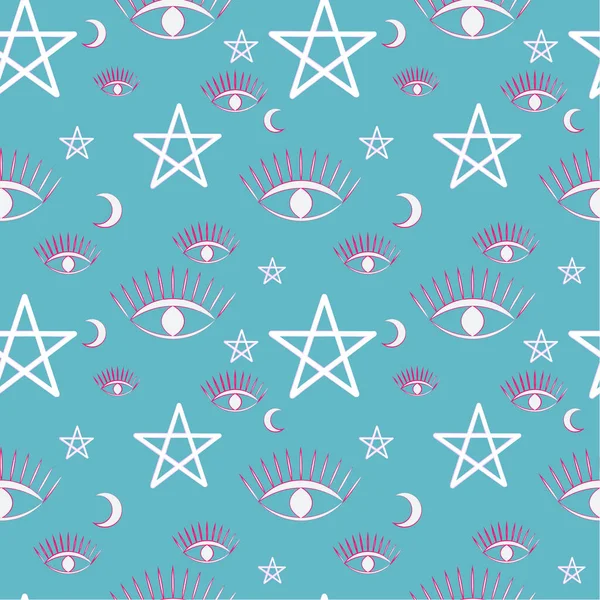 Patrón sin costuras: estrellas y ojos contorno blanco sobre un fondo azul. vector. — Vector de stock