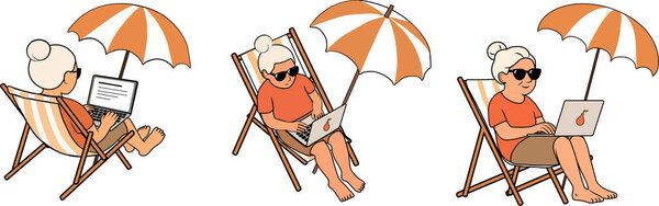 Векторная иллюстрация пожилой женщины, работающей на ноутбуке под пляжным зонтиком. Изолированный на белом фоне
