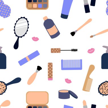 Çeşitli kozmetik elementlerin ve aksesuarların deseni: rimel, ayna, krem, tarak ve göz farı. Beyaz bir arka planda izole edilmiş. Vektör