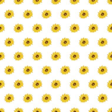 Beyaz arkaplanda parlak sarı ayçiçekleri olan kusursuz bir desen.