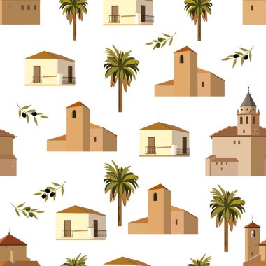 Beyaz bir zemin üzerinde Endülüs evleri, palmiye ağaçları ve zeytin dalları olan vektörsüz desenler..