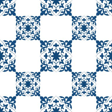 Mavi ve beyaz çiçekli ve geometrik arabesk süslemeli vektörsüz desen.