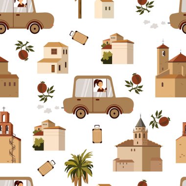 Akdeniz kasabalarında bavulları, arabaları ve geleneksel mimarisi olan bir gezginin kusursuz çizimi..