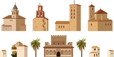 Tarihi kuleler, kiliseler, evler ve palmiye ağaçları da dahil olmak üzere Akdeniz ve Endülüs binalarının vektör kümesi sıcak bir toprak palette gösterilmiştir..