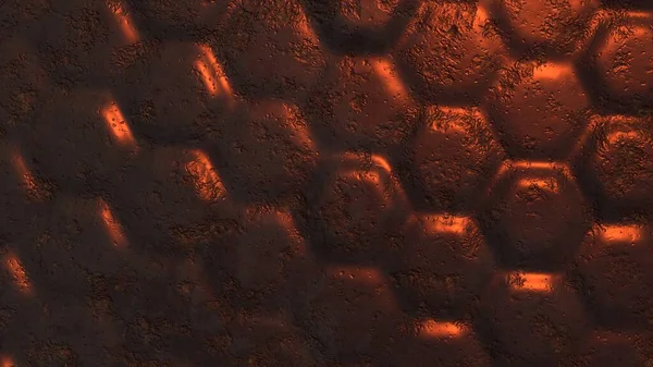 Desktop wallpapers in the form of dark red metal volumetric hexagons with elements of rust, cracks and abrasions. Background or splash screen. Abstract illustration. 3d rendering image. High quality.