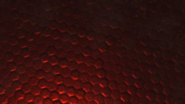 Desktop wallpapers in the form of dark red metal volumetric hexagons with elements of rust, cracks and abrasions. Background or splash screen. Abstract illustration. 3d rendering image. High quality.