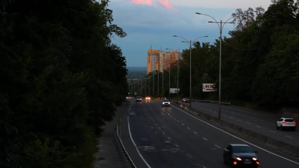 Guidare Una Macchina Autostrada Sera Con Fari Accesi Dori Veicoli — Video Stock