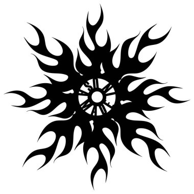 Çemberler ve alevler şeklinde siyah-beyaz soyut çizimler. Dövme stili. Dekoratif çizim. Resim oluşturuluyor.