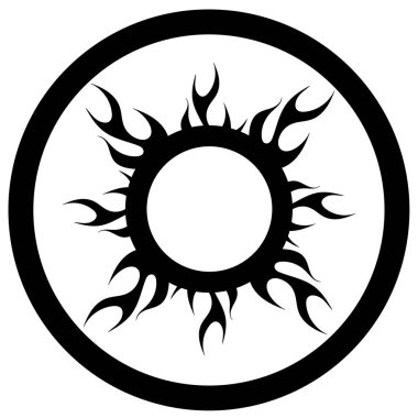 Çemberler ve alevler şeklinde siyah-beyaz soyut çizimler. Dövme stili. Dekoratif çizim. Resim oluşturuluyor.