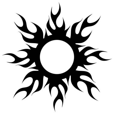 Çemberler ve alevler şeklinde siyah-beyaz soyut çizimler. Dövme stili. Dekoratif çizim. Resim oluşturuluyor.