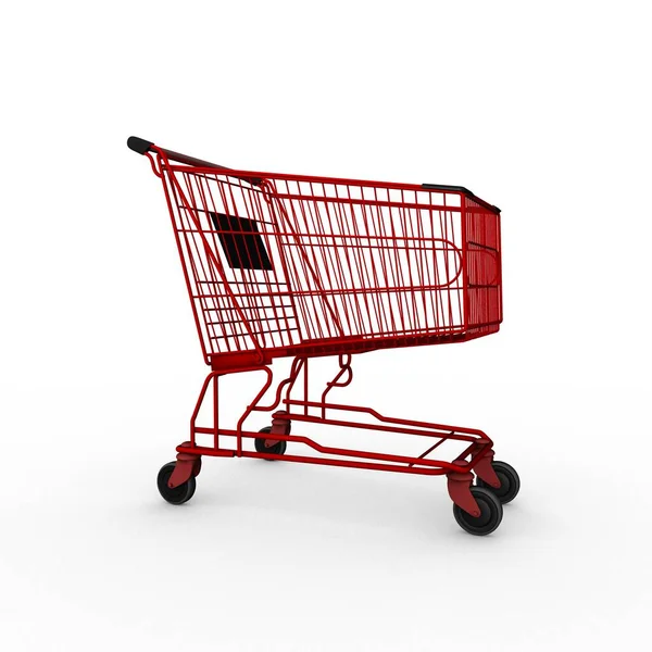 白い背景にスーパーマーケットからの赤いカート 食料品の購入 画像のレンダリング — ストック写真
