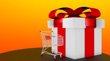 Büyük bir hediye kutusu ve alışveriş arabası. Resim oluşturuluyor.